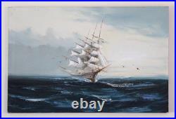 Vintage Mid-20th Century Signed Maritime Oil Painting of Tall Ship at Sea