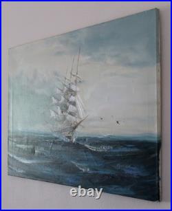 Vintage Mid-20th Century Signed Maritime Oil Painting of Tall Ship at Sea