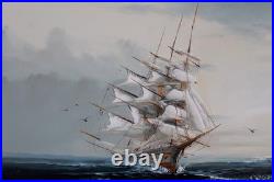Vintage Mid-20th Century Signed Maritime Oil Painting of Tall Ship at Sea