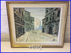 Vintage Mid Cent. Signed Oil on Board Painting Street Scene Buildings at Sunset