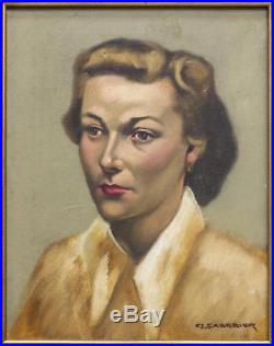 Vintage Mid Century 1940s 50s Oil Painting Portrait Lady Woman Framed & Signed
