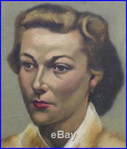 Vintage Mid Century 1940s 50s Oil Painting Portrait Lady Woman Framed & Signed