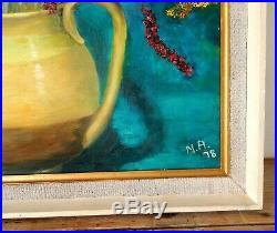 Vintage Mid Century'78 Oil Painting on Board Still Life Vase Jug Flowers Signed