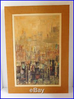 Vintage Mid Century Abstract Cityscape Oil Painting Signed Charles, B 1968