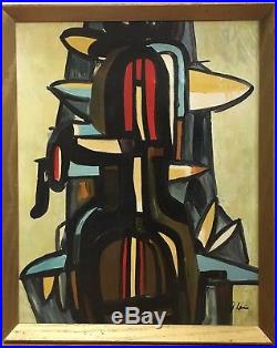 Vintage Mid Century Abstract Geometric Cubist Oil Painting Signed Framed