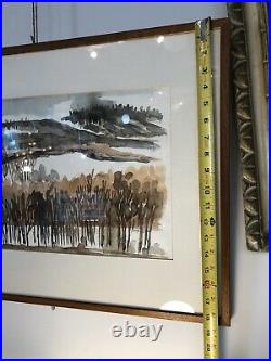 Vintage Mid Century Abstract Watercolor Landscape Framed Painting Signed Olson