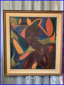 Vintage Mid Century African Art Original Framed Oil On Hessian Naive Signed