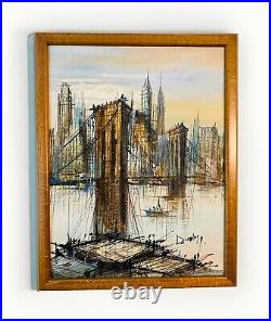 Vintage Mid Century Art Brutalist Oil Painting Brooklyn Bridge Signed Duchamp