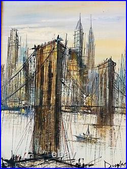 Vintage Mid Century Art Brutalist Oil Painting Brooklyn Bridge Signed Duchamp