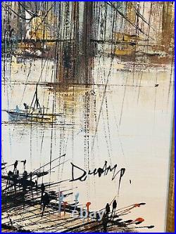 Vintage Mid Century Art Brutalist Oil Painting Brooklyn Bridge Signed Duchamp