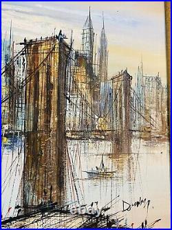 Vintage Mid Century Art Brutalist Oil Painting Brooklyn Bridge Signed Duchamp