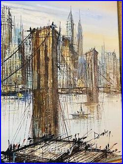 Vintage Mid Century Art Brutalist Oil Painting Brooklyn Bridge Signed Duchamp