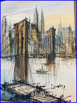 Vintage Mid Century Art Brutalist Oil Painting Brooklyn Bridge Signed Duchamp