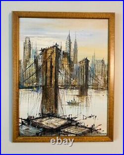 Vintage Mid Century Art Brutalist Oil Painting Brooklyn Bridge Signed Duchamp