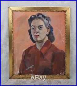 Vintage Mid Century Art Deco Oil Portrait Painting of Lovely Woman Signed 1940's