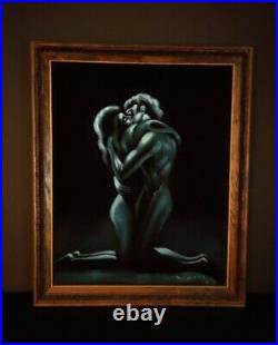 Vintage Mid Century Black Velvet Painting Lovers Man Woman Framed Blue Sexy