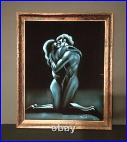 Vintage Mid Century Black Velvet Painting Lovers Man Woman Framed Blue Sexy