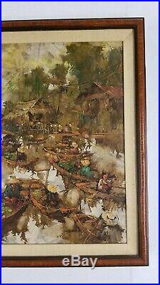 Vintage Mid Century Chinese Modern Impressionist Painting Hong Kong Old Village