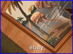 Vintage Mid Century Flamingo Picture by James M Arrow Bamboo Light Colored Frame
