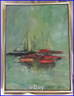 Vintage Mid Century Framed Original Sailboat Oil Painting, Signed Dottie Hill