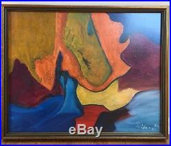 Vintage Mid Century Modern Abstract Expressionist Geometric Oil Painting Signed