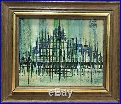 Vintage Mid Century Modern Abstract Geometric Cityscape Oil Painting 1960s