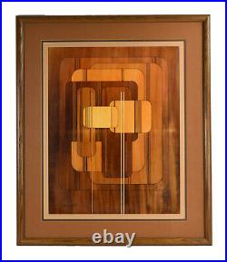 Vintage Mid-Century Modern Abstract Geometric Wood Tone Painting signed