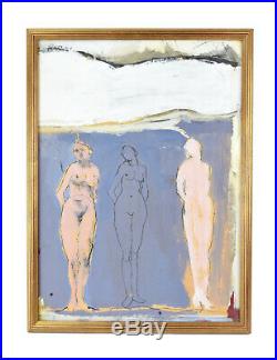 Vintage Mid-Century Modern Abstract Mixed Media Painting 3 Nudes Three Graces