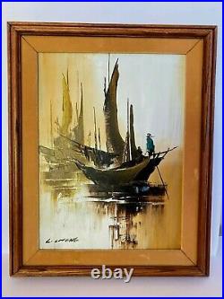 Vintage Mid Century Modern Asian Oil Painting Art L. Chong Signed Boat Nautical