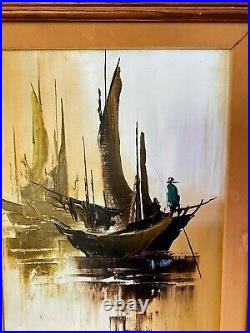 Vintage Mid Century Modern Asian Oil Painting Art L. Chong Signed Boat Nautical