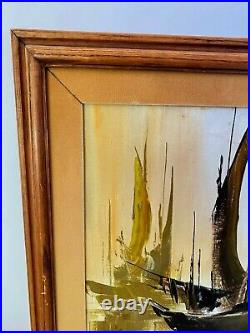 Vintage Mid Century Modern Asian Oil Painting Art L. Chong Signed Boat Nautical