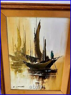 Vintage Mid Century Modern Asian Oil Painting Art L. Chong Signed Boat Nautical