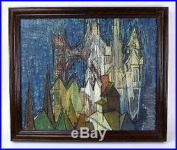 Vintage Mid-Century Modern Cubist European Cityscape Oil Painting signed Hartman