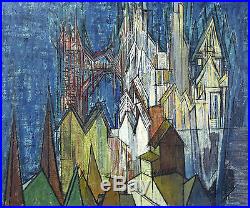 Vintage Mid-Century Modern Cubist European Cityscape Oil Painting signed Hartman