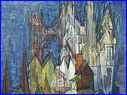 Vintage Mid-Century Modern Cubist European Cityscape Oil Painting signed Hartman