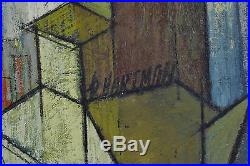 Vintage Mid-Century Modern Cubist European Cityscape Oil Painting signed Hartman