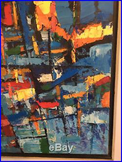 Vintage Mid Century Modern Large Abstract Oil Painting On Canvas- Signed