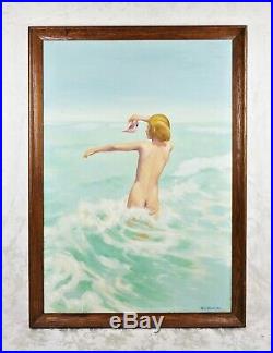 Vintage Mid Century Modern Oil Painting Beautiful Nude Woman Ocean Beach Signed