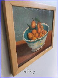 Vintage Mid Century Modern Orange Teal Surreal Still Life Oil Painting- Signed