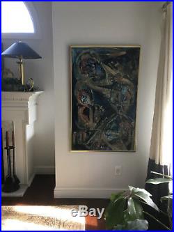 Vintage Mid Century Modern Original Blue Abstract Oil Painting -Signed And Dated