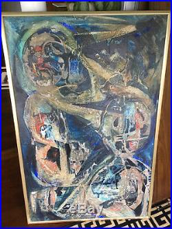 Vintage Mid Century Modern Original Blue Abstract Oil Painting -Signed And Dated