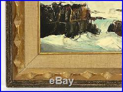 Vintage Mid Century Modern Water Rock Scene Painting Carved Frame Signed Croft