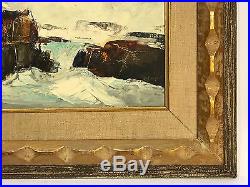 Vintage Mid Century Modern Water Rock Scene Painting Carved Frame Signed Croft