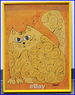 Vintage Mid Century Modern Yellow Orange Cat Painting Framed Signed By Artist