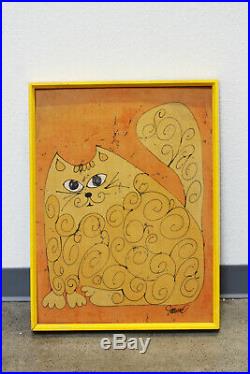 Vintage Mid Century Modern Yellow Orange Cat Painting Framed Signed By Artist