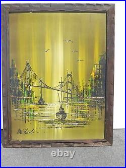Vintage Mid Century Painting Oil on Board San Francisco Bridge Signed Michael