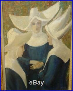 Vintage Mid Century Signed Oil Painting Three Nuns in Coronet Habit