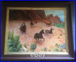 Vintage Mid Century Western Art Oil Painting Horses Cowboys Signed B Tiedemann