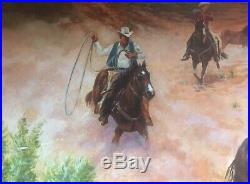 Vintage Mid Century Western Art Oil Painting Horses Cowboys Signed B Tiedemann