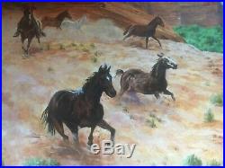 Vintage Mid Century Western Art Oil Painting Horses Cowboys Signed B Tiedemann